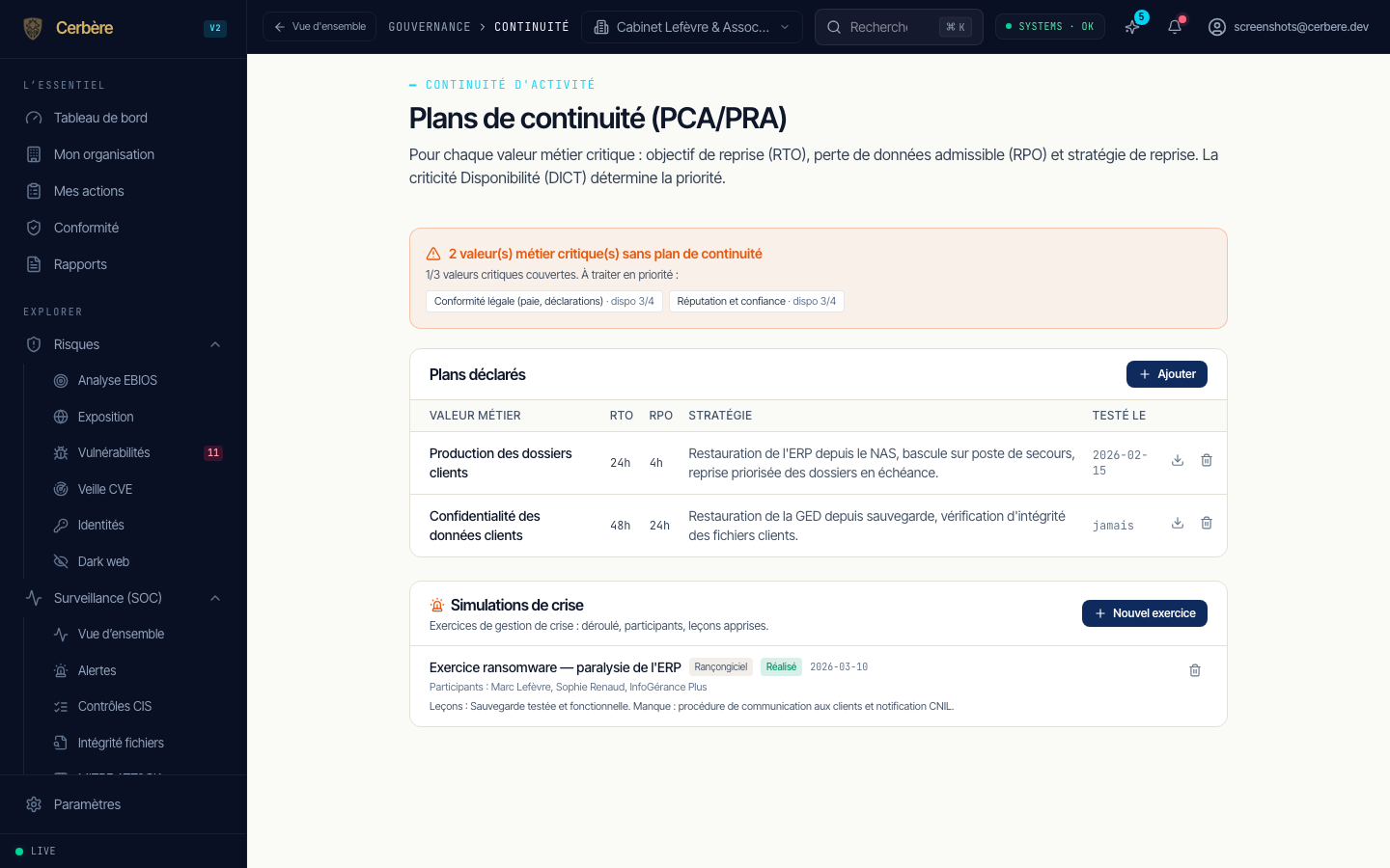 Plans de continuité et exercice de crise