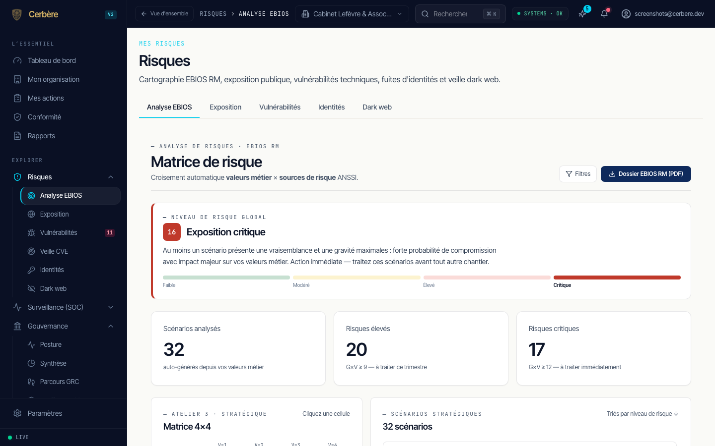 Matrice de risque EBIOS RM avec scénarios critiques